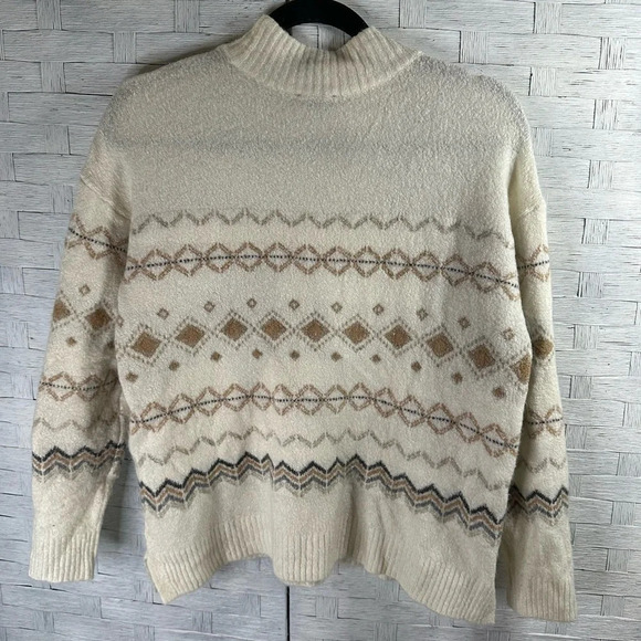 Talbots Fair Isle turtleneck sweater cream tan & gray soft, petite grandmacore - Picture 2 of 9
